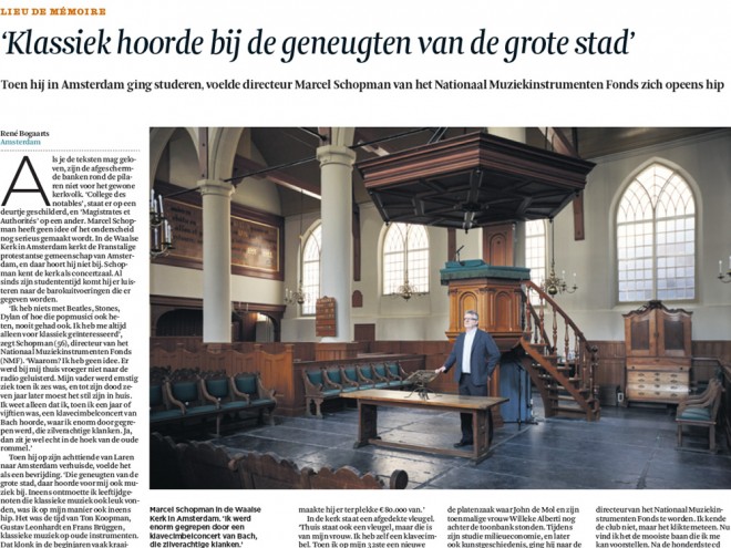 Deel van het artikel over Marcel Schopman, directeur van het Nationaal Muziekinstrumentenfonds, in Het Financiële Dagblad, zaterdag editie.