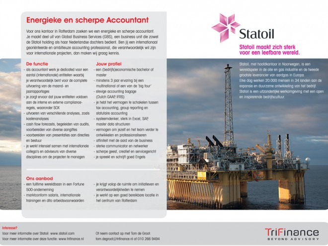 Personeelsadvertentie voor Statoil, in opdracht van TriFinance.