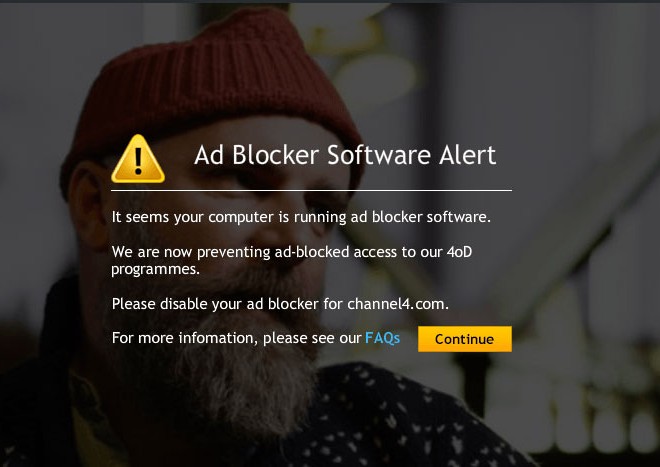 Scherm met waarschuwing dat de adblocker uitgezet moet worden omdat anders de site niet werk.