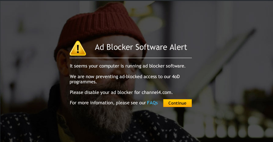 Scherm met waarschuwing dat de adblocker uitgezet moet worden omdat anders de site niet werk.